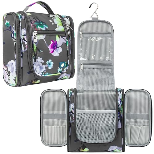 PAVILIA Toiletry Bag Travel Bag for Women Men, Hanging Cosmetic Organizer, Water Resistant Makeup Bag for Accessories Toiletries, Large Travel Essentials Kit (Floral Grey) - color: Floral Grey, size: Standard (9x4x9)