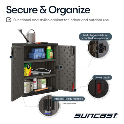 Suncast Heavy-Duty Resin Outdoor Storage Cabinet, 30" W x 20.25" D x 36" H Dark Grey Base Garage Storage Cabinet with Lockable Doors and Metal Reinforced Shelves, Made in the USA