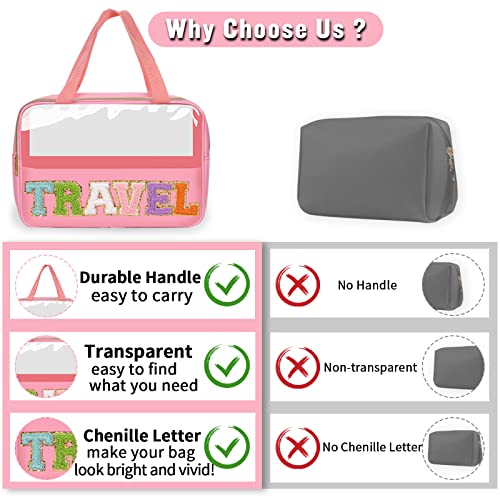 Preppy Clear Travel Makeup Bags with Chenille Letter Patches, Travel Essentials Large Clear Make up Bag Zipper Pouch with Handle, Waterproof Nylon Cosmetic Toiletry Storage Tote for Women(TRAVEL-Pink) - color: TRAVEL-Pink