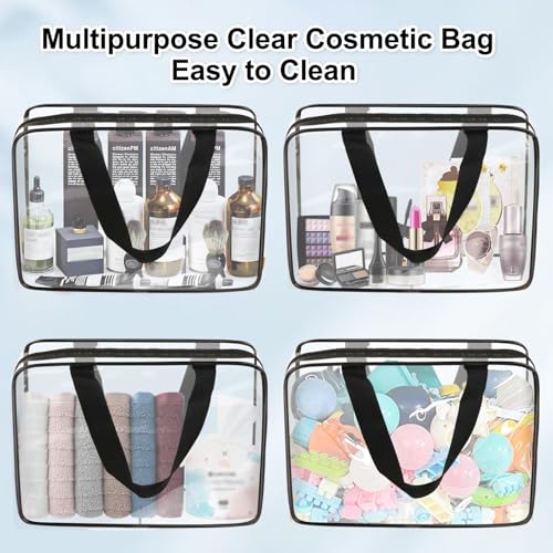 APREUTY Clear Makeup Bags, TSA Approved 3 Pcs Large Cosmetic Makeup Bags Set Clear PVC with Zipper Handle Portable Travel Luggage Pouch Airport Airline Vacation Organization (Black) - color: Black-3PCS (Large)