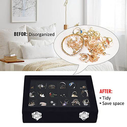 Vicoter Velvet Jewelry Box 24 Grid Jewelry Ring Display Organiser Box Tray Holder Earrings Storage Case for Girls Wife Mom Women (Black) - color: Black