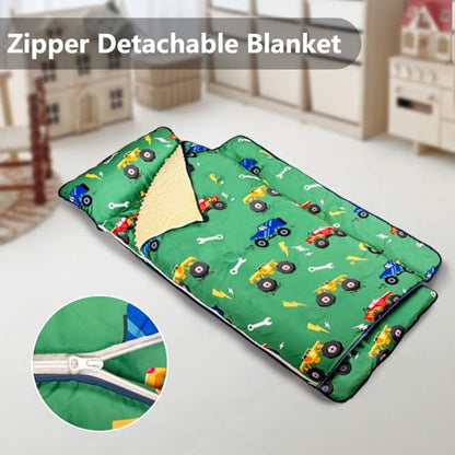 Primlect Toddler Nap Mat Extra Large Thickened 55''x35'', Soft Sleeping Bag with Detachable Minky Blanket and Pillow, Portable for Daycare, Preschool, Kindergarten, Travel, Boys and Girls - color: Green Truck