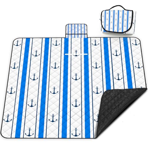 Poedist Extra Large Picnic Blanket Waterproof,80"x 80"Foldable Machine Washable Beach Blanket,Outdoor Blanket for 6-8 Adults,Suitable for Indoor Crawling,Park Beach,Camping,Hiking,Family Travel(Blue) - color: Blue Boat, size: 6'8" x 6'8" (Square)