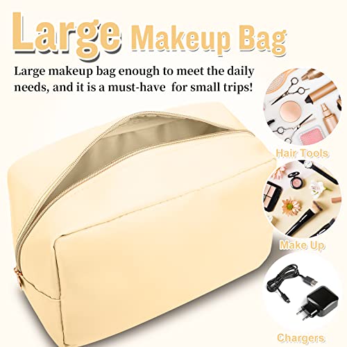 Nylon Large Makeup Bag Travel Pouch for Women, Preppy Big Makeup Bag Cute Cosmetic Zipper Pouch Purse, DIY Chenille Letter Bag Waterproof Toiletry Bag Clutch Makeup Organizer for Girls (Beige) - color: Beige, size: Large