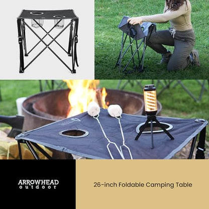 ARROWHEAD OUTDOOR 26” (66cm) Portable Camping Folding Table, 2 Cup Holders, Square, Carrying Case, Steel Frame, High-Grade 600D Canvas - color: Black 2pack