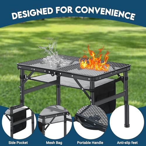 LOFTEY Small Folding Grill Table, Portable Picnic Table for Camping Outdoor Cooking BBQ, 3 Heights Adjustable Grill Stand with Mesh Bag, Easy for Storage, 23.6" L* 15.75" W * 27.7" H, Black