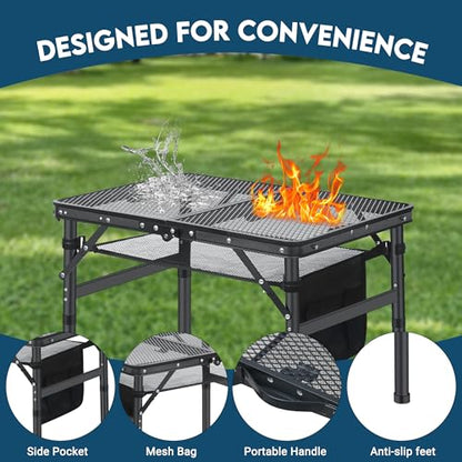LOFTEY Small Folding Grill Table, Portable Picnic Table for Camping Outdoor Cooking BBQ, 3 Heights Adjustable Grill Stand with Mesh Bag, Easy for Storage, 23.6" L* 15.75" W * 27.7" H, Black
