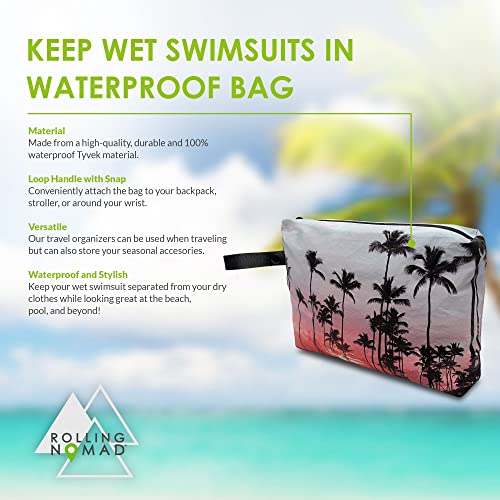 Rolling Nomad Tyvek Zippered Pouch, Wet Swimsuit Bags, Wet & Dry Reversable Pouch, Travel, Toiletry, Pool, Beach Essentials, Waterproof, Summer Must Haves, 11.5x8.5x2 Inch, (Medium) - color: Palm Beach & Black Print, size: 8.5x1.75x6.5 Inch