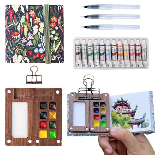 Aimery Mini Watercolor Paint Travel Set, Portable Pocket Size Water Color Painting Kit with Wooden Palette, Refillable Brush & Sketchbook(Rainforest) – Gift for Birthdays, Beginners, Art Lovers - style: Rainforest