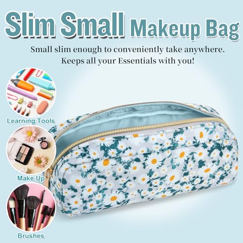 izuzta Nylon Small Floral Makeup Bag Slim Pouch, Preppy Cute Makeup Brush Case Bag Flower Cosmetic Zipper Pouch Purse, Waterproof Travel Toiletry Bag Coin Pouch Make Up Organizer Women(Green-Daisy) - color: Green-Daisy, size: Slim