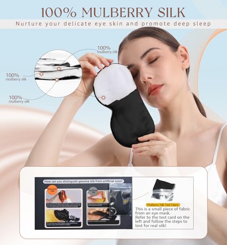 HiRui Silk Sleep Mask, 100% Natural Mulberry Silk of Double-Sided & Inner-Filling, Ultra-Smooth Soft, Adjustable Strap, Blocks Light for Night Sleeping, Travel, Office Naps (Black) - color: Black