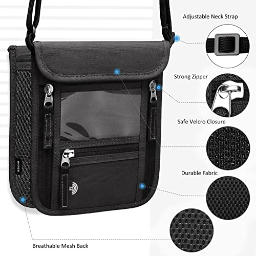 WALNEW Passport Holder Neck Pouch Travel Wallet for Women and Men, RFID Blocking Security Slim Traveling Wallet with Around Neck Lanyard Strap, Black - color: Black