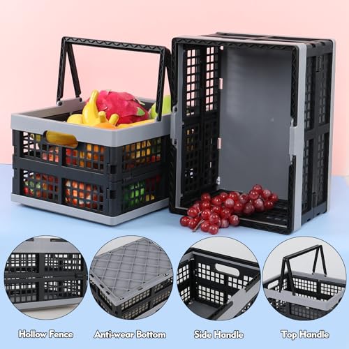 2 Packs Plastic Folding Storage Crate with Handle, 16 L | Collapsible, Shopping Basket