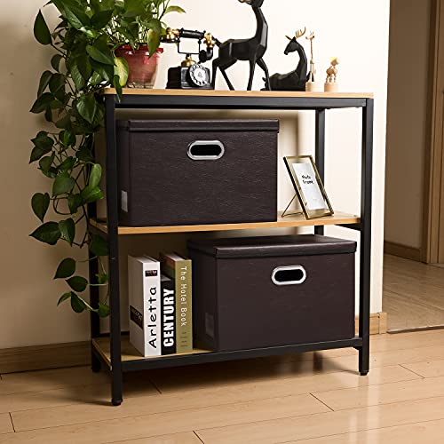 PRANDOM Large Collapsible Storage Bin with Lid [1-Pack] Leather Fabric Foldable Storage Box Organizer Containes Basket Cube with Cover for Home Bedroom Closet Office Nursery Brown (17.7x11.8x11.8) - color: Brown, size: Large(1-Pack)