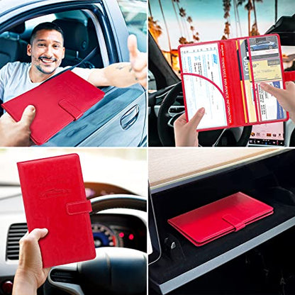 RSAquar Car Registration and Insurance Holder, Leather Car Glove Box Organizer, Cool Car Accessories for ID, Driver's License Cards & Essential Document, Men&Women, Red - color: Red
