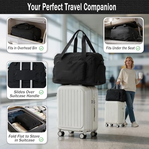 Travel Duffel Bag, 30–40L Expandable Weekender Bag with Shoe Compartment, Foldable Carry On Travel Bag with Wet Pocket and Matching Pouch - color: Black