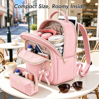 MATEIN Bowknot Cute Backpack Purse, Fashion Mini Shoulder Bag, Waterproof Lightweight Travel Daily Backpack College Handbag for Ladies Women, 2pcs Sets, Pink - color: Pink, size: Small-12.9 inch