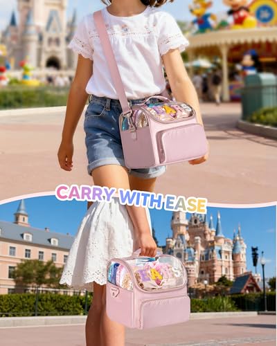 Mouse Ears Travel Case with Detachable Divider, Headband Holder Organizer Bag with Shoulder Strap, Chenille Letter Hair Accessories Storage Box, Pink with Gold Zipper - color: Pink-Gold Zipper