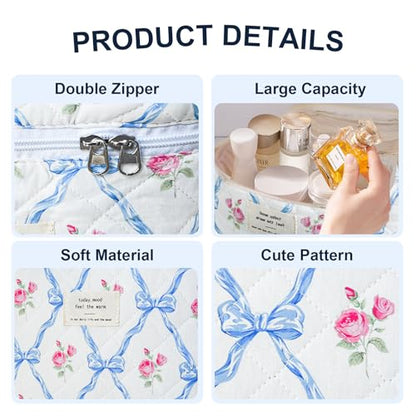 GISMTR 3Pcs Cotton Quilted Makeup Bag Large Travel Cosmetic Bag Coquette Makeup Pouch Cute Aesthetic Floral Toiletry Bag for Women Girls (flower-Q) - color: flower-Q