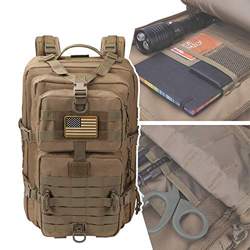 Hannibal Tactical MOLLE Assault Pack, Tactical Backpack Military Army Camping Rucksack, 3-Day Pack Trip w/USA Flag Patch, D-Rings, Coyote - color: Coyote
