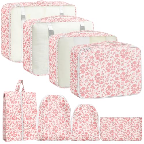 Packing Cubes for Travel - 8 Set Luggage Organizer Bags for Family, Mesh Breathable Packing Cubes for Suitcases Durable Travel Essentials Bags Set - color: Pink Floral