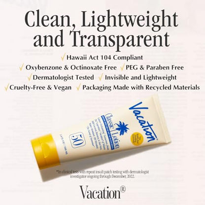 Vacation Classic SPF 50 Sunscreen Lotion, 3.4 Fluid Ounces, Pack of 3 - Invisible, No White Cast, Water-Resistant, Dermatologist-Tested, Travel Size, Vegan - size: 3.4 Fl Oz (Pack of 3), style: SPF 50