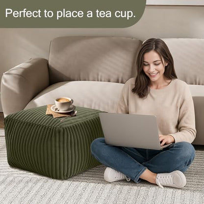 MeMoreCool Square Stuffed Pouf Ottoman Foot Rest, Stripe Furry Floor Pouf Foot Stool with Foam Chunk Filling, Soft Fluffy Stuffed Ottoman Footrest for Living Room, Faux Fur Green - color: Ribbed Green