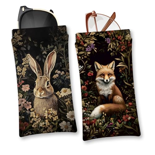 Eyeglasses Sunglasses Case PU Soft Squeeze Top Glasses Pouch for Women Men,Animal Pattern Portable Anti Scratch - color: Brown-rabbit and Fox