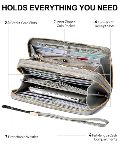 BOSTANTEN Wallets for Women Leather RFID Double Zipper Around Credit Card Holder Large Capacity Wristlet Clutch Wallet - color: Cloud Gray