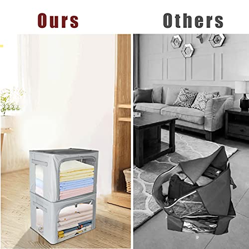 Clothes Storage Box Bins Stackable Foldable Organizer with Metal Frame for Clothing Bedding Shelves,Closet Container with Clear Window Zipper and Label Holder (Gray,Small-40L x3 Pack) - color: Gray,Small-40L x3 Pack