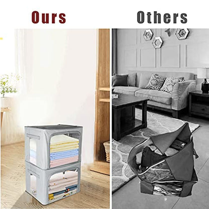 Clothes Storage Box Bins Stackable Foldable Organizer with Metal Frame for Clothing Bedding Shelves,Closet Container with Clear Window Zipper and Label Holder (Gray,Small-40L x3 Pack) - color: Gray,Small-40L x3 Pack