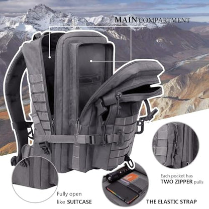 Hannibal Tactical MOLLE Assault Backpack, Tactical Backpack Military Army Camping Rucksack, 3-Day Pack Trip w/USA Flag Patch, D-Rings, Grey - color: Grey