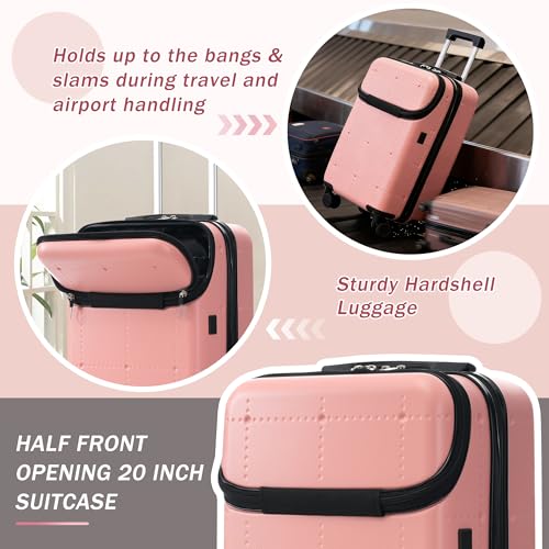 Merax Luggage Sets 5 Piece, Hardside 20" Half-opening Carry On Suitcase Set with USB Port,Lightweight Travel 24" 28" Luggage with Bags TSA Locks Double Spinner Wheels,Light Pink - color: Light Pink, size: 3 piece(20front open+24+28+bags)