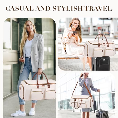 Convertible Garment Bag for Travel, PU Leather Carry On Garment Duffle Bag for Men Women, 2 in 1 Suit Travel Bags for Hanging Clothes with Shoe Compartment - color: Beige