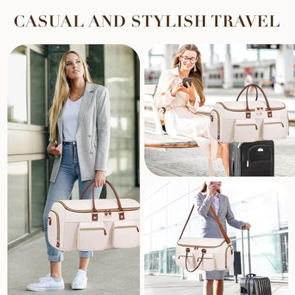Convertible Garment Bag for Travel, PU Leather Carry On Garment Duffle Bag for Men Women, 2 in 1 Suit Travel Bags for Hanging Clothes with Shoe Compartment - color: Beige