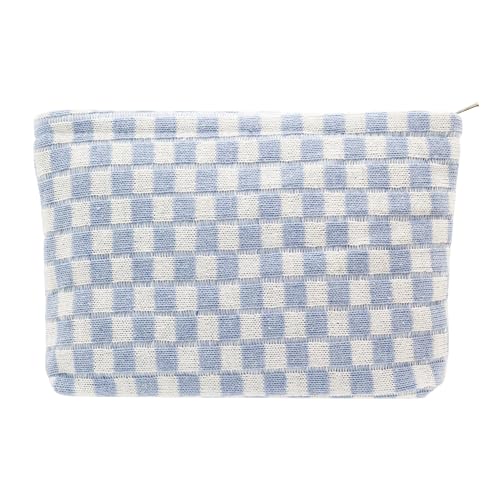 PAZIMIIK Knit Checkered Makeup Bag Large Zipper Make Up Accessory Pouch for Purse Cosmetic Brush Bag for Travel Essential,Blue - color: BLUE, size: 1PCS FLAT POUCH