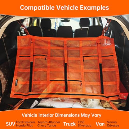 Extra Large Car Ceiling Cargo Net 39.3" x 23.6" for SUV,Truck & Van,Double Layer Roof Storage Organizer with Adhesive Straps,Overhead Mesh Holder for 4 Handle Vehicles,Camping Travel,Orange - size: 39.3" X 23.6"