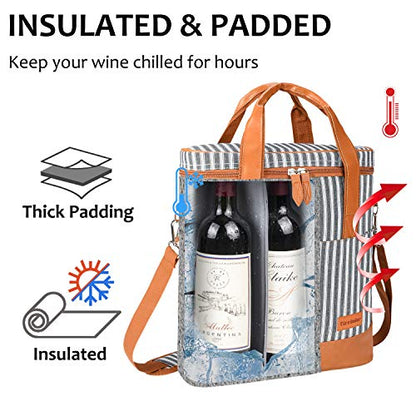 Tirrinia Insulated Wine Gift carrier - 3 Bottle Travel Padded Wine Carry Cooler Tote Bag with Handle and Adjustable Shoulder Strap, Black Stripe - color: Black Stripe