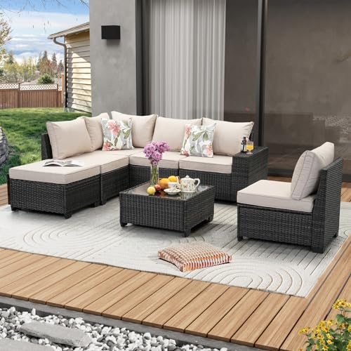 JOYURE 7 Pieces Patio Furniture Set All-Weather Outdoor Wicker Sectional Conversation Sofa Rattan Patio Seating Sofa with Cushion and Glass Table and Ottoman for Porch,Beige - color: Beige, size: 7 pieces set