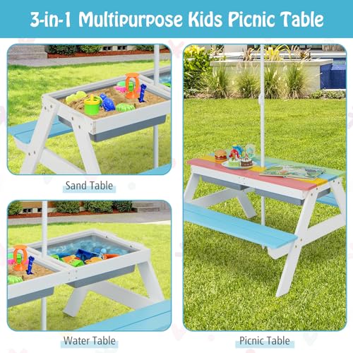 HONEY JOY Kids Picnic Table, 4 in 1 Cedar Wooden Sand & Water Table w/ 2 Removable Box & Umbrella, Kids Picnic Tables for Outdoors Backyard Garden, Toddler Patio Furniture Set for Boys Girls(Blue) - color: Blue