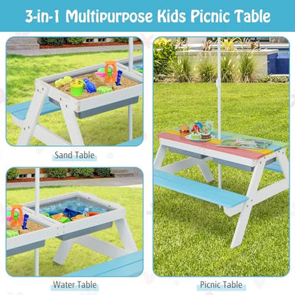 HONEY JOY Kids Picnic Table, 4 in 1 Cedar Wooden Sand & Water Table w/ 2 Removable Box & Umbrella, Kids Picnic Tables for Outdoors Backyard Garden, Toddler Patio Furniture Set for Boys Girls(Blue) - color: Blue