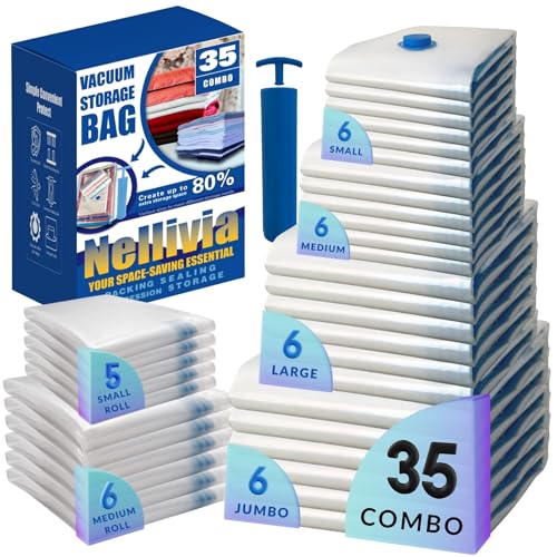 35 Pack Vacuum Storage Bags with Hand Pump, Compression Space Saver for Comforter, Bedding, Blanket Storage, Vacuum Seal Bags for Clothing, Travel Luggage Suitcase and Closet Organizer - size: 35 Combo