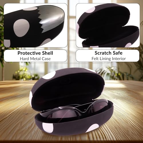 MyEyeglassCase® Large Hard Sunglasses Case | fits Large curved Sunglasses, with microfiber bag and cleaning cloth - color: Polka Dots Black / White