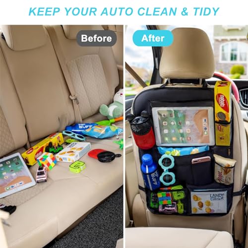 Matenf Car Organizer Back Seat with 9 Storage Pockets & 10″ Tablet Holder, 1Pack Seat Back Cover for Kids Toddlers, Kick Mats Protector, Keep Cars Vehicles Organized & Tidy, Travel Accessories