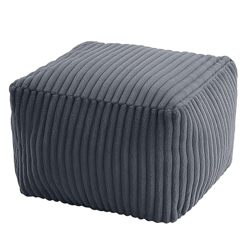 MeMoreCool Square Stuffed Pouf Ottoman Foot Rest, Stripe Furry Floor Pouf Foot Stool with Foam Chunk Filling, Soft Fluffy Stuffed Ottoman Footrest for Living Room, Faux Fur Grey - color: Ribbed Dark Grey
