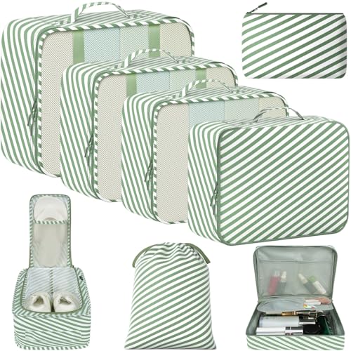 BAGAIL 8 Set Packing Cubes Luggage Packing Organizers for Travel Accessories-White and Matcha Stripe - color: White and Matcha Stripe, size: 8 Set