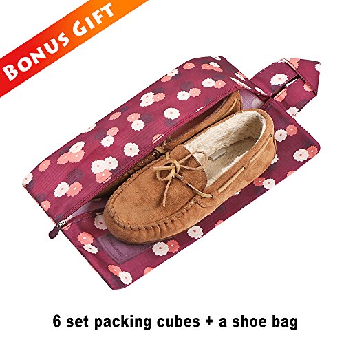 Mossio 7 Set Packing Cubes with Shoe Bag - Travel Carry On Luggage Organizer - color: Wine Flower