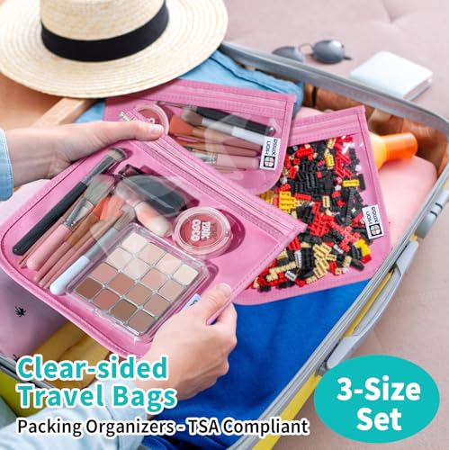 HIONXMGA TSA Approved Toiletry Bag, Set of 3 Clear Travel Toiletry Bag Quart Size Zipper Travel Pouch, Waterproof Makeup Cosmetic Bag for Women Men Kids Toiletries Carry on, Pink - color: Pink, Mixed Sizes