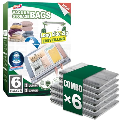 TAILI 6 Pack Vacuum Storage Bags, LONG SIDE ZIP (3 Large+3 Jumbo), Multi-Size Vacuum Seal Bags for Clothing, Storage Bulky Beddings, Comforters and Clothes, Space Saver for Closet Organization - size: 6 Combo