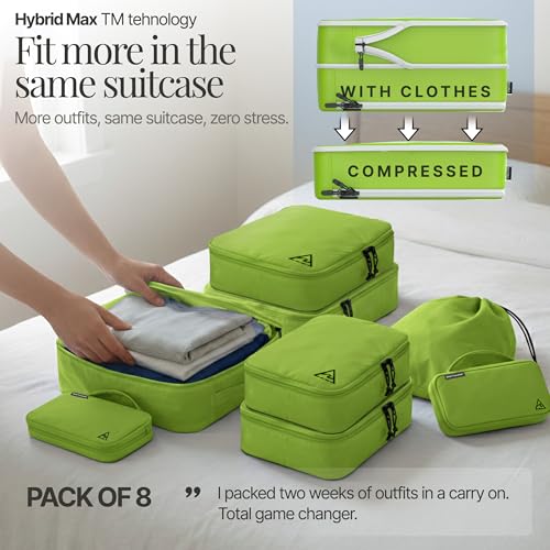 8-Piece Luxury Compression Packing Cubes & Bags for Travel – Maximize Space in Luggage with HybridMax Double-Capacity Design, 50 Luggage Tags, Deluxe Set, Lifetime Satisfaction Suitcase Organizer Bags - color: Green, size: 8-piece